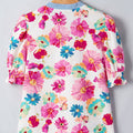Beige Floral Print Short Puff Sleeve Striped Trim V Neck Blouse - Damesmode Afbeelding 4 - Foto 4