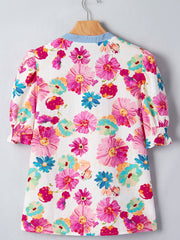 Beige Floral Print Short Puff Sleeve Striped Trim V Neck Blouse - Damesmode Afbeelding 4 - Miniatuur