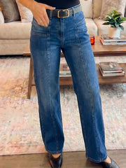Himmelblaue Schnitt-Naht-Detail Damen-Shift-Jeans - Miniatuur
