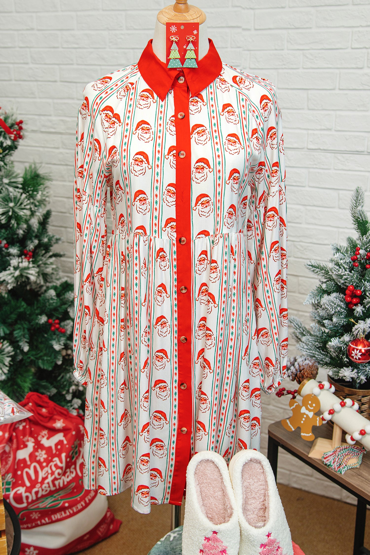 Weißer Weihnachtsmann mit kontrastreichem Kragen und langärmligem A-Linien-Minikleid
