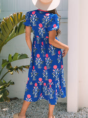 Himmelblaues, florales Puff-Kleid mit V-Ausschnitt und hohem Taille Maxi-Kleid - Miniatuur