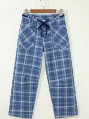 Sky Blue Plaid Denim Grommet Drawstring Waist Ankle-Length Jeans - Miniatuur