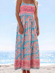 Himmelblaues Bohemien-Ethnie-Print-Spaghettiträger-Maxi-Kleid mit Spaghetti-Trägern - Miniatuur
