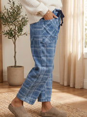 Sky Blue Plaid Denim Grommet Drawstring Waist Ankle-Length Jeans - Miniatuur