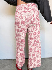 Pantalon en jean en denim rose à motif floral vintage - Miniatuur