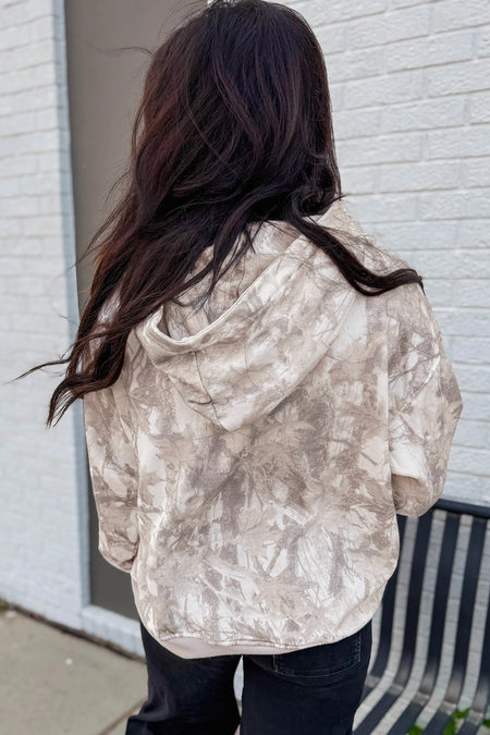 Gray Abstract Print Ribbed Cuffs Hem Long Sleeve Capuchontrui - Detail