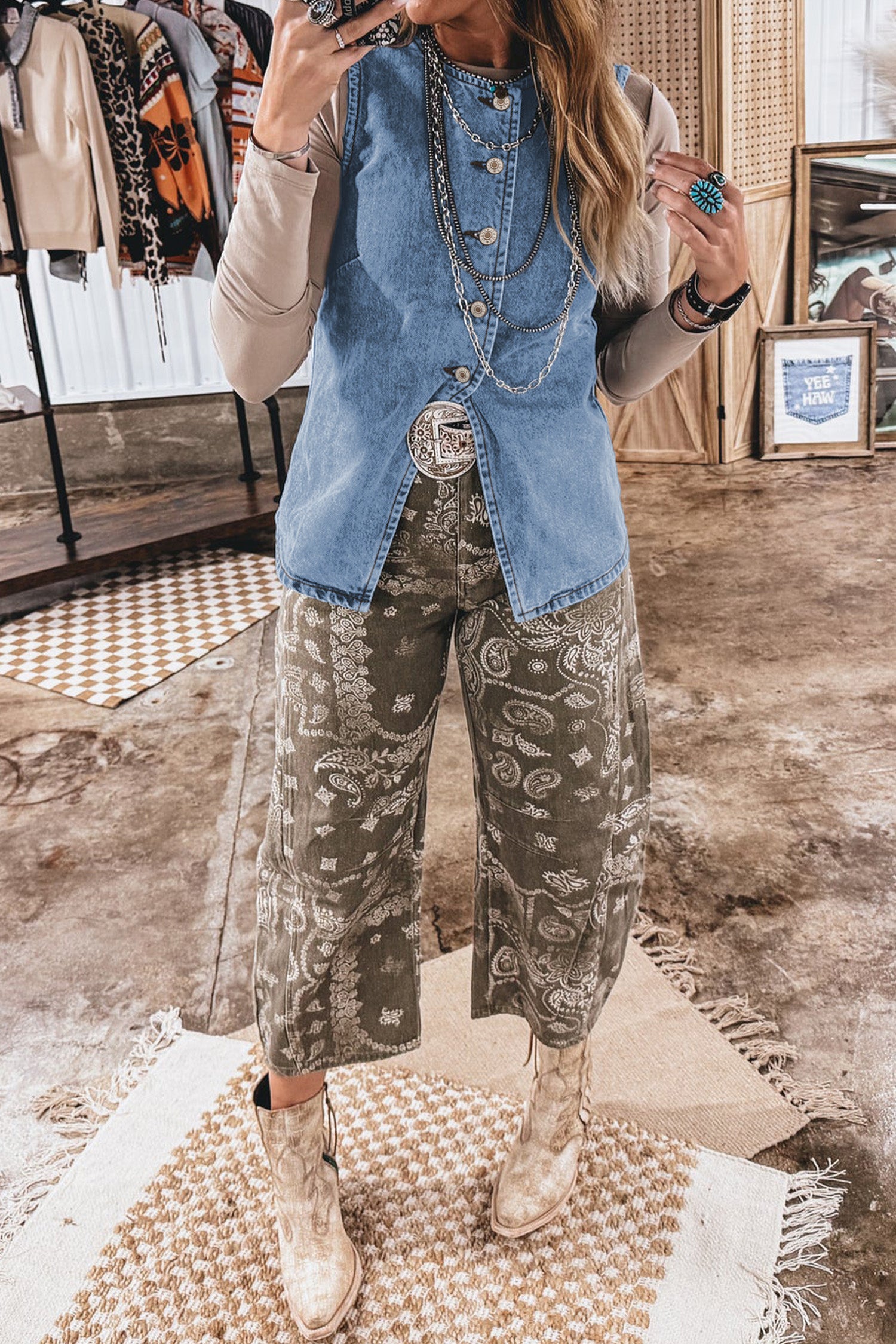 Black Buttoned Front Slit Denim Vest - Women's Fashion Image 6