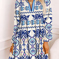 Blue Ethnic Print Striped Split Neck Long Sleeve Flowy Mini Dress - Damesmode Afbeelding 1 - Foto 1