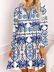 Blaues ethnisches Muster mit gestreiftem Split-Neck-Langarm-Minikleid – Damesmode Afbeelding 1 - Miniatuur