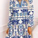 Blauw Ethnic Print Gestreepte with met Split Neck with met Lange Mouwens Flowy Mini Jurk