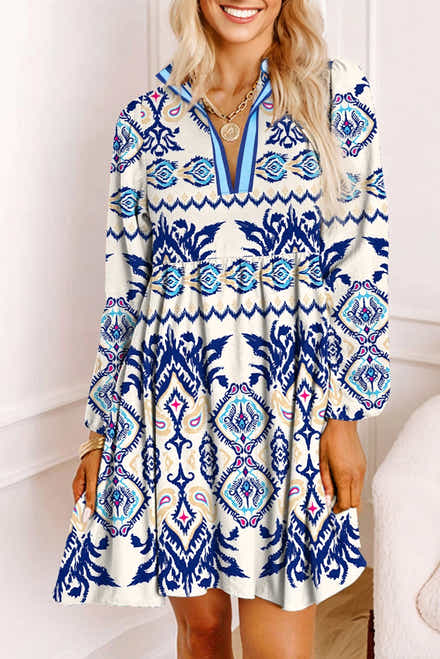 Mini abito a maniche lunghe a maniche lunghe a scollo a righe etniche blu - Damesmode Afbeelding 1