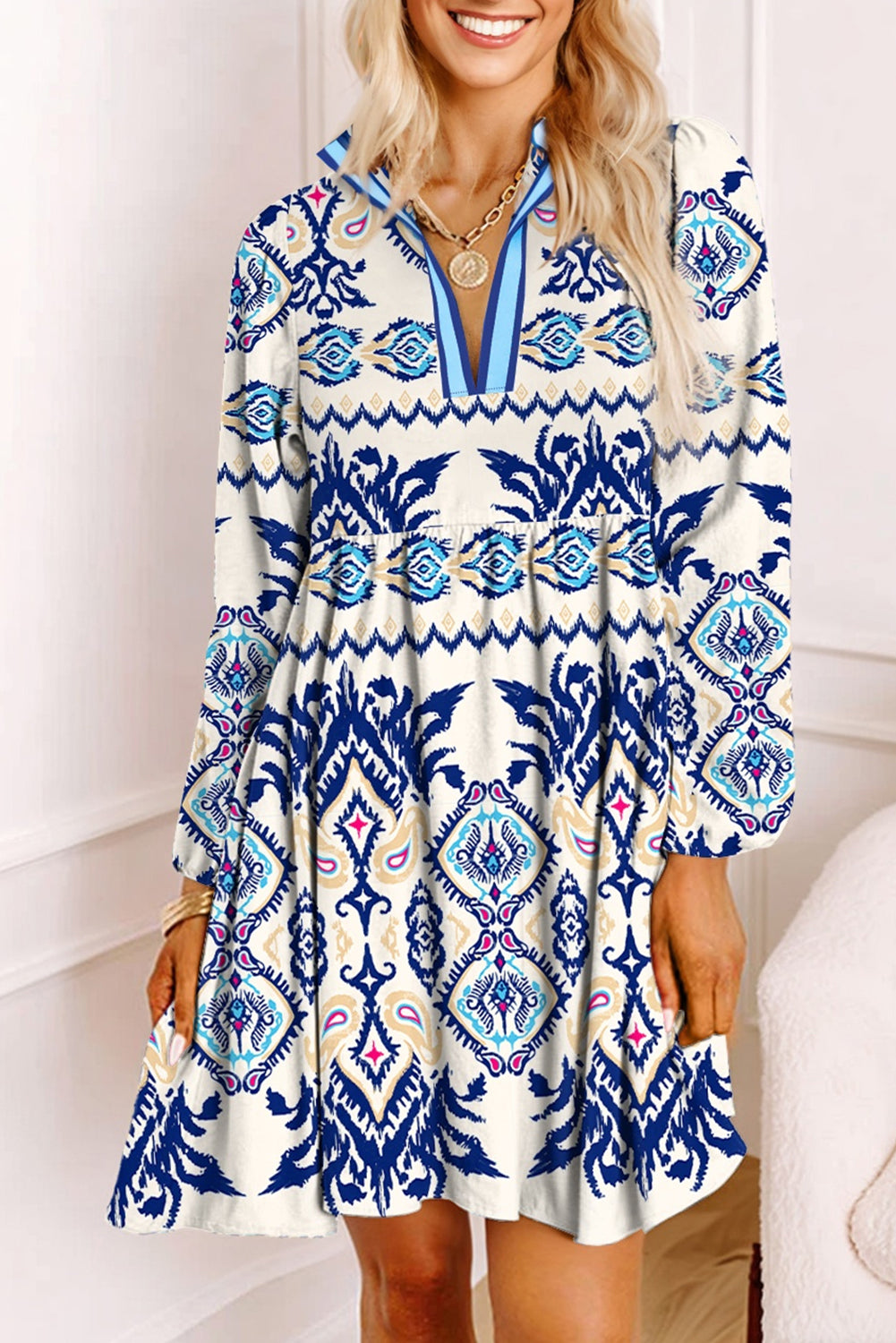 Blue Ethnic Print Striped Split Neck Long Sleeve Flowy Mini Dress - Damesmode Afbeelding 1