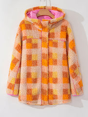 Orange karierte Sherpa-Kapuzenjacke - Miniatuur