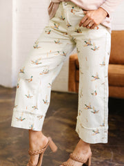 Vaqueros beige estilosos con estampado de ánade real con puños y con bajo shift - Imagen de moda femenina 4 - Miniatuur