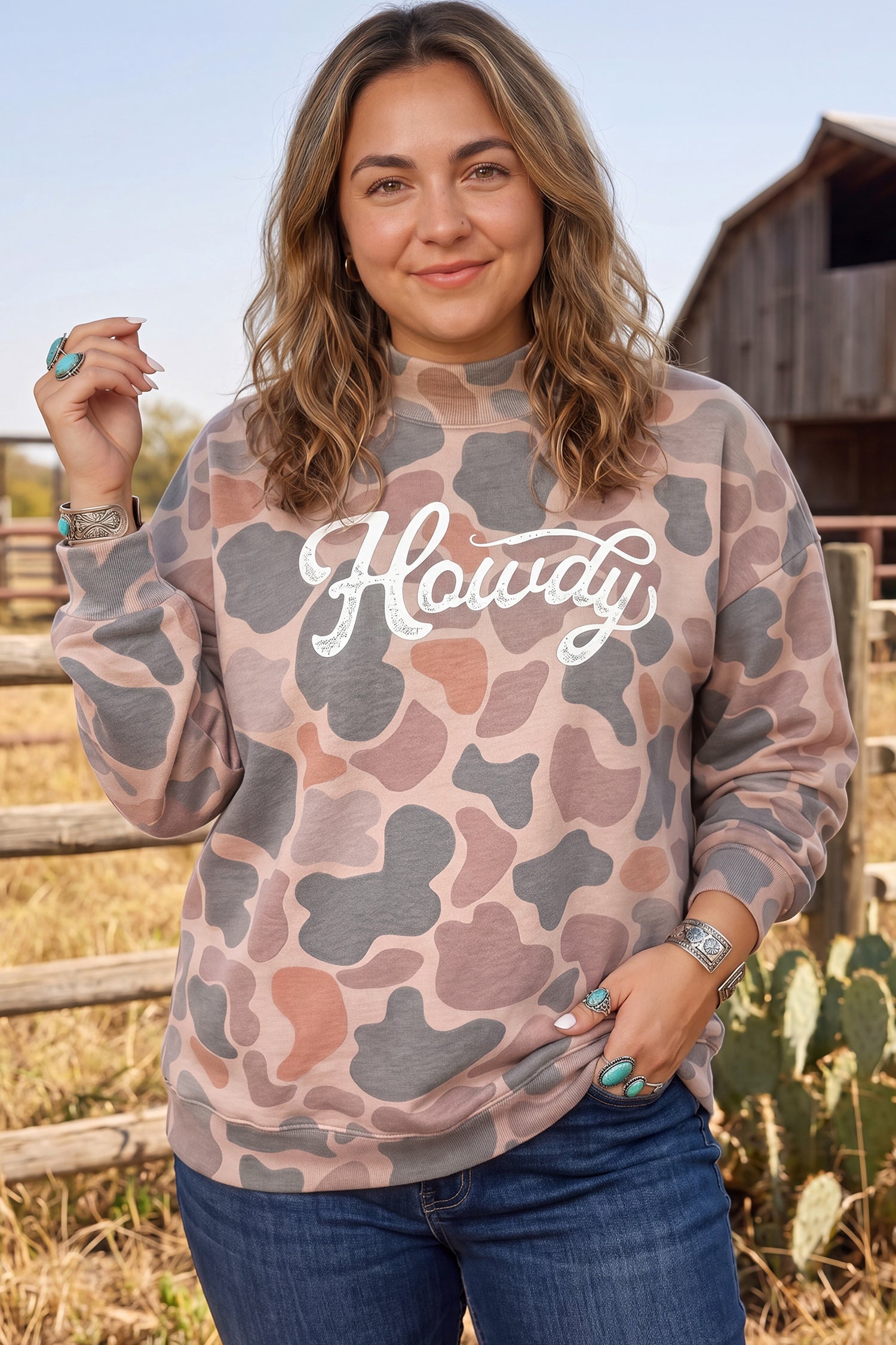 Flerfarvet Camouflage Western Graphic Plus Size Sweatshirt