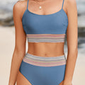 Dusk Blue Colorful Stitch Border Detail 2pcs High Waist Bikini Swimsuit - Foto 5