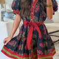 Black Retro Floral Print Button Down Belted Short Puff Sleeve Mini Dress - Damesmode Afbeelding 2 - Foto 2