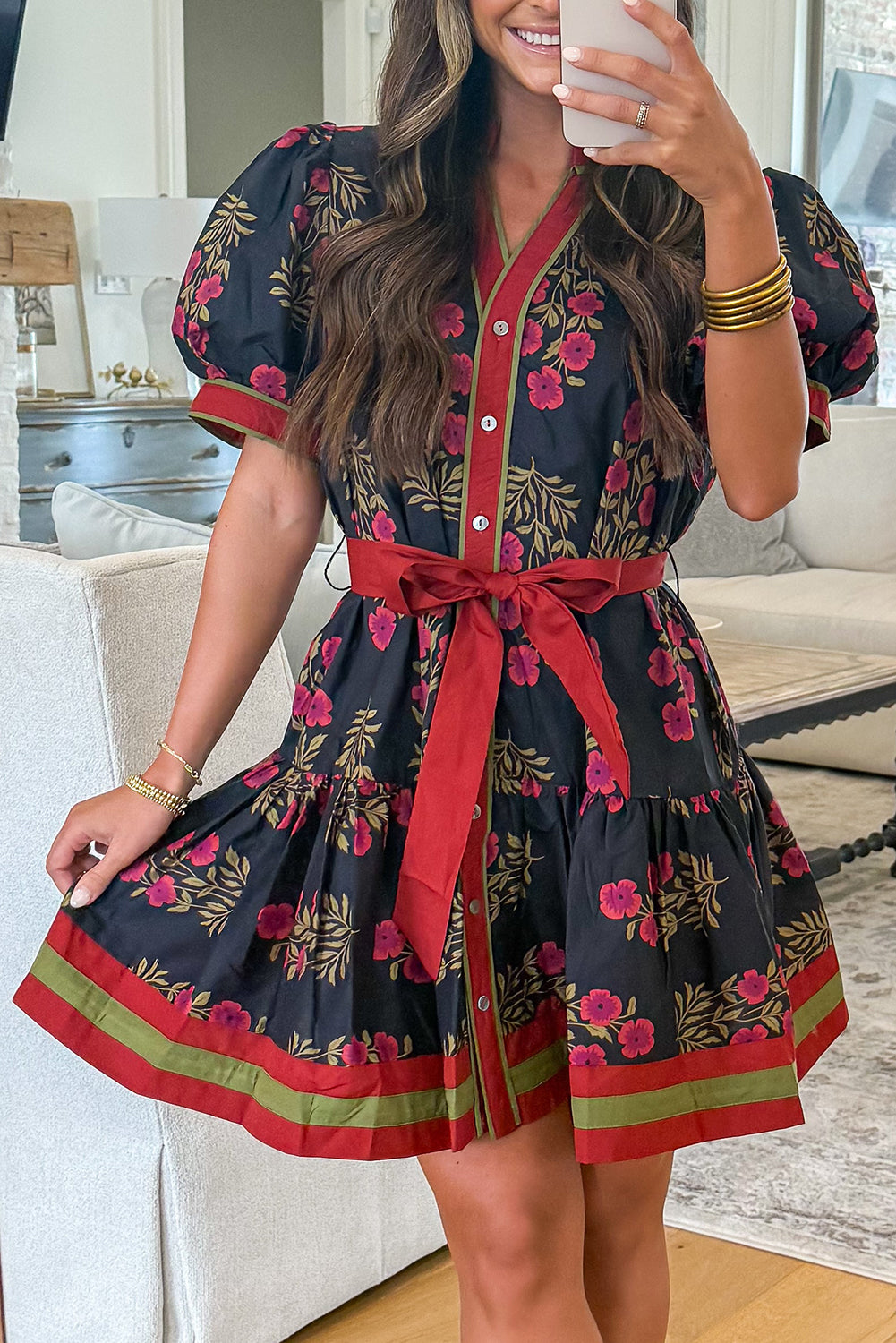 Black Retro Floral Print Button Down Belted Short Puff Sleeve Mini Dress - Damesmode Afbeelding 2