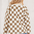 Brown Checkered Sherpa Buttoned Front Chunky Jacket - Damesmode Afbeelding 2 - Foto 2