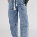 Ashleigh Blue Acid Wash Exposed Seam Drawstring Elastic Waist Barrel Jeans - Damesmode Afbeelding 1 - Foto 1