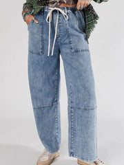 Jeans Ashleigh Blue Acid Wash Acid Couture à cordon élastique taille - Damesmode Afbeelding 1 - Miniatuur