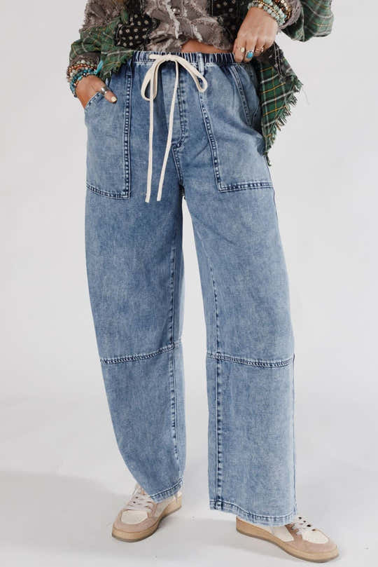 Jeans Ashleigh Blue Acid Wash Acid Couture à cordon élastique taille - Damesmode Afbeelding 1