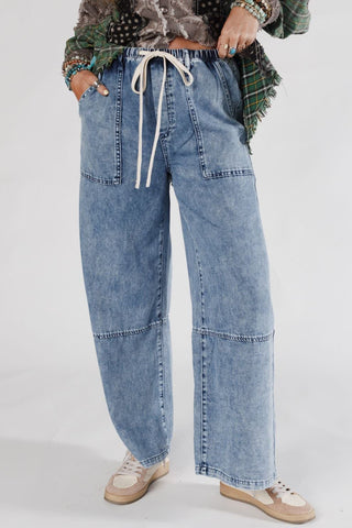 Ashleigh Blauw Acid Wash Exposed Seam meet Trekkoord Elastic Waist Barrel Jeans - Redblad Damesmode
