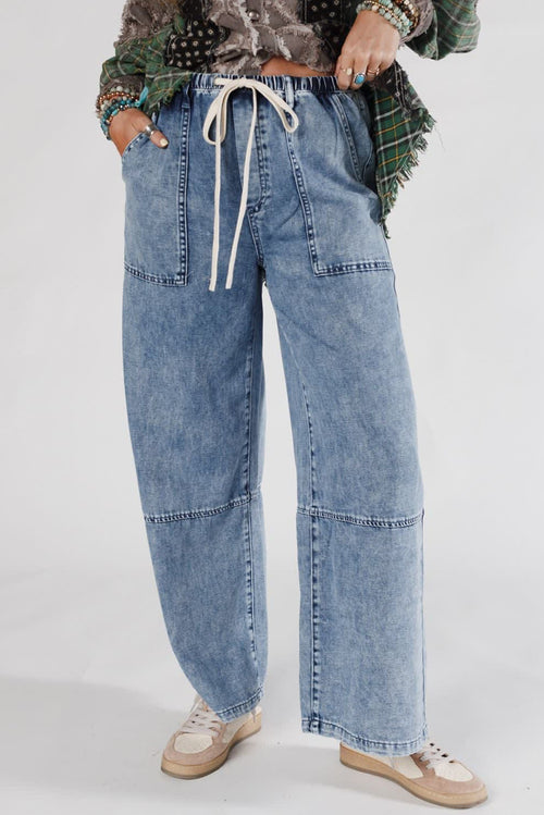 Ashleigh Blue Acid Wash Exposed Seam Drawstring Elastic Waist Barrel Jeans - Damesmode Afbeelding 1