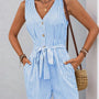 Striped V-neck Button Front Belted Romper