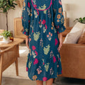 Blue Floral Print Gathered Neckline 7/8 Sleeve Casual Midi Dress - Damesmode Afbeelding 2 - Foto 2