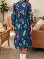 Blue Floral Print Gathered Neckline 7/8 Sleeve Casual Midi Dress - Damesmode Afbeelding 2 - Miniatuur