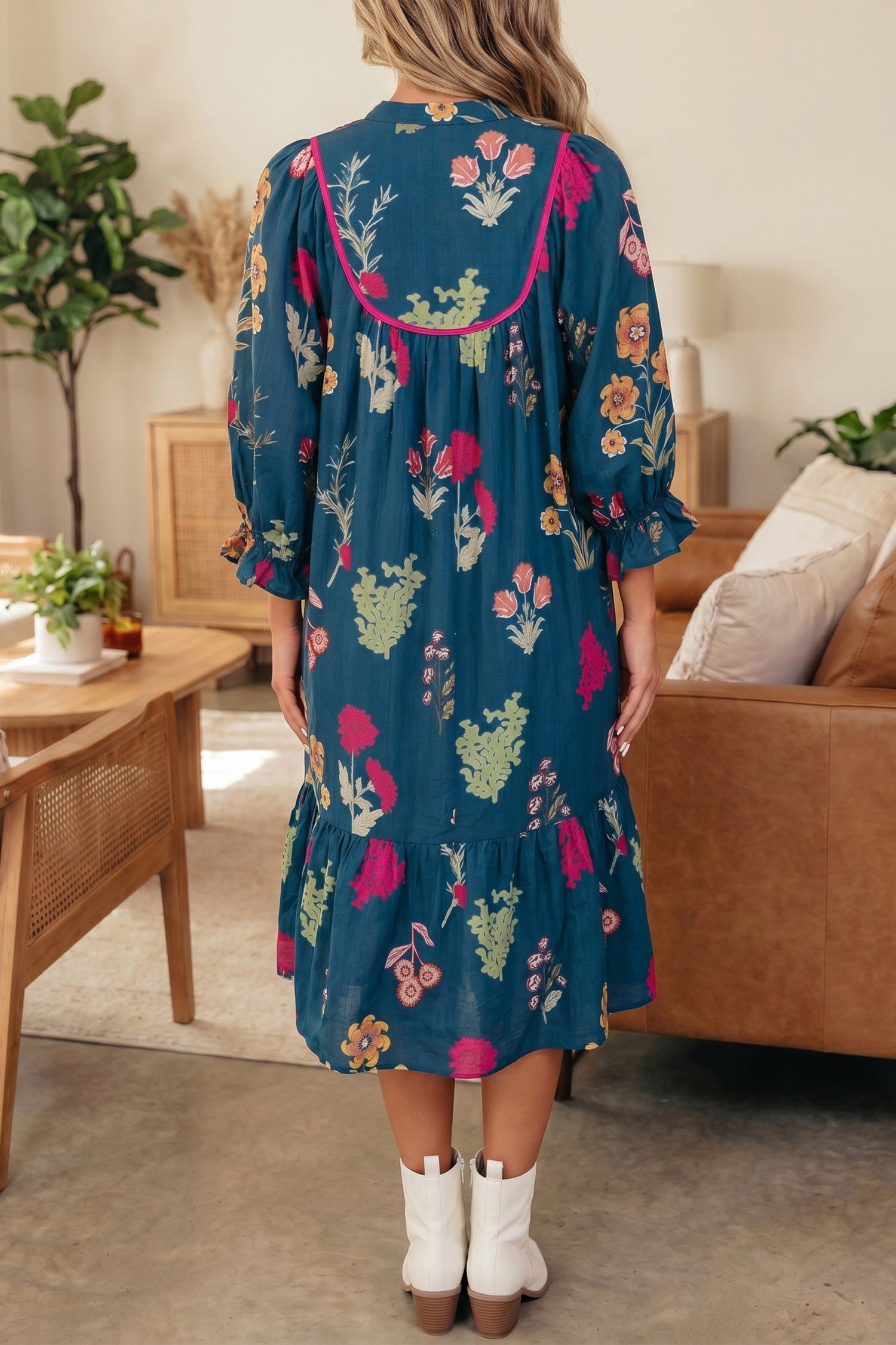 Blue Floral Print Gathered Neckline 7/8 Sleeve Casual Midi Dress - Damesmode Afbeelding 2
