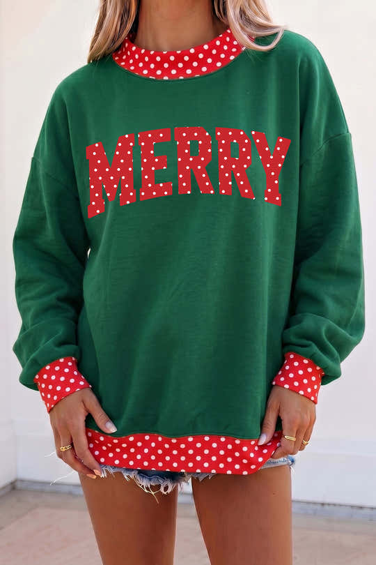 Dark Green Merry Christmas Slogan Polka Dot Contrast Trim Tunic Sweatshirt