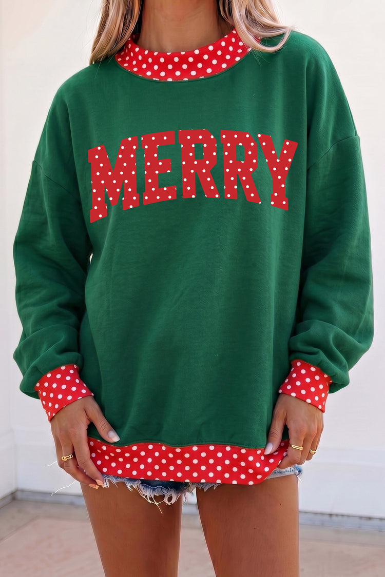 Dunkelgrüner Frohe Weihnachten-Slogan Polka-Punkt-Kontrast-Tunika-Sweatshirt - Damesmode