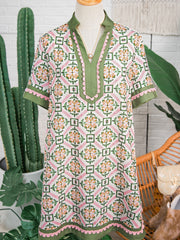 Multicolour Boho Geometric Flower Print Short Sleeve Loose Mini Dress - Miniatuur