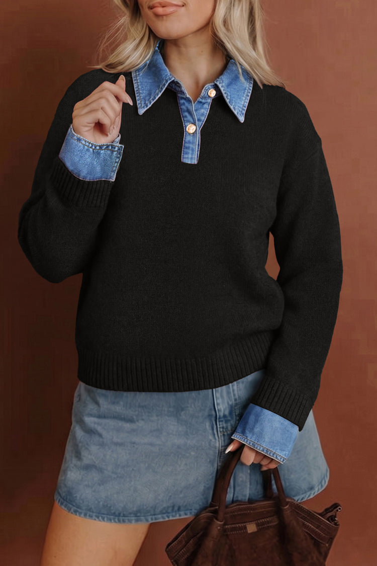 Black Denim Patchwork Collar Cuffed Casual Sweater - Damesmode Afbeelding 1 - Damesmode