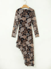 Black Floral Long Sleeve Asymmetric Ruffle Split Hem Mesh Dress - Damesmode Afbeelding 6 - Miniatuur