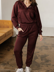 Chicory Coffee Button Kordelzug, geschnittener Hoodie Jogger 2 Stück Set - Miniatuur