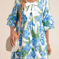 Himmelblaues Palm-Blumenmuster-Kontrast-Band-Knoten-Rüschen-Mini-Kleid mit gestuften Ärmeln - Foto 1