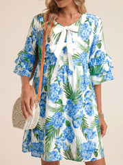 Sky Blue Palm Floral Print Contrast Ribbon Knot Ruffle Tiered Sleeve Mini Dress - Miniatuur