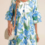 Sky Blue Palm Floral Print Contrast Ribbon Knot Ruffle Tiered Sleeve Mini Dress