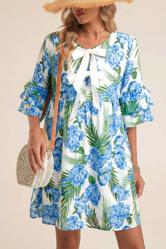 Sky Blue Palm Floral Print Contrast Ribbon Knot Ruffle Tiered Sleeve Mini Dress