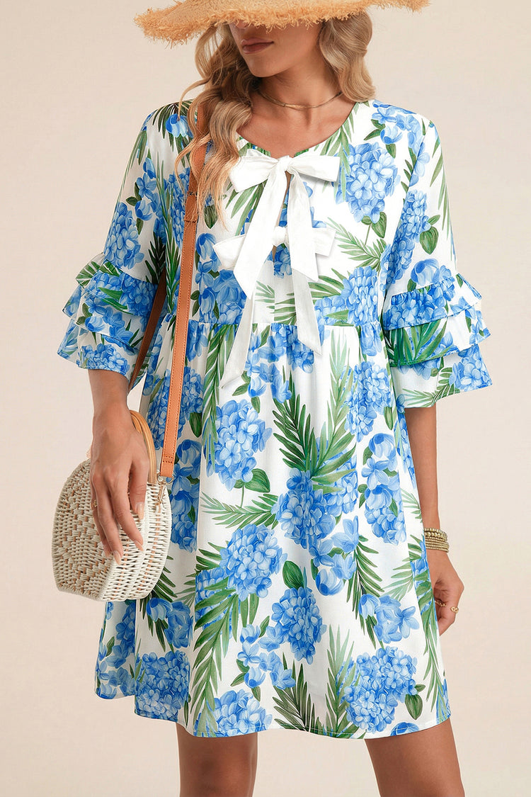 Himmelblaues Palm-Blumenmuster-Kontrast-Band-Knoten-Rüschen-Mini-Kleid mit gestuften Ärmeln - Damesmode