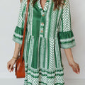 Gréng Boho Ethnesch Print Hallefknäppchen 3/4 Ärmel Casual Kleed - Foto 3