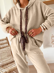 Parchment Leopard Drawstring Pullover Hoodie and High Waist Pants Corduroy Suit - Miniatuur