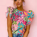 Mehrfarbige, lebendige Bluse mit Blumenmuster und Rüschenärmel - Foto 3