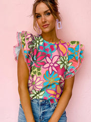 Multicolor Vibrant Floral Print Trimmed Ruffle Sleeve Blouse - Miniatuur