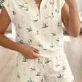 Beige Mallard Printed Zip Polo Tee Drawstring Short Set - Damesmode Afbeelding 1 - Foto 1
