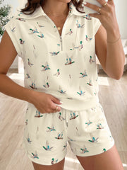Beige gråand med tryk på lynlås Polo Tee Kort sæt med snor - Damesmode Afbeelding 1 - Miniatuur