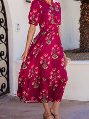 Rotes Maxikleid mit Rüschenmuster mit V-Ausschnitt und kurzärmligem Rüschen - Miniatuur
